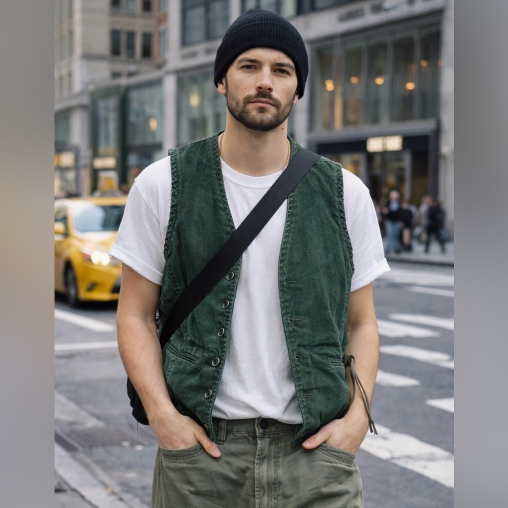 Green Genuine Suede-Leather Vintage Whip-Stitch Vest boho 80s biker unisex M - Picture 2 of 15